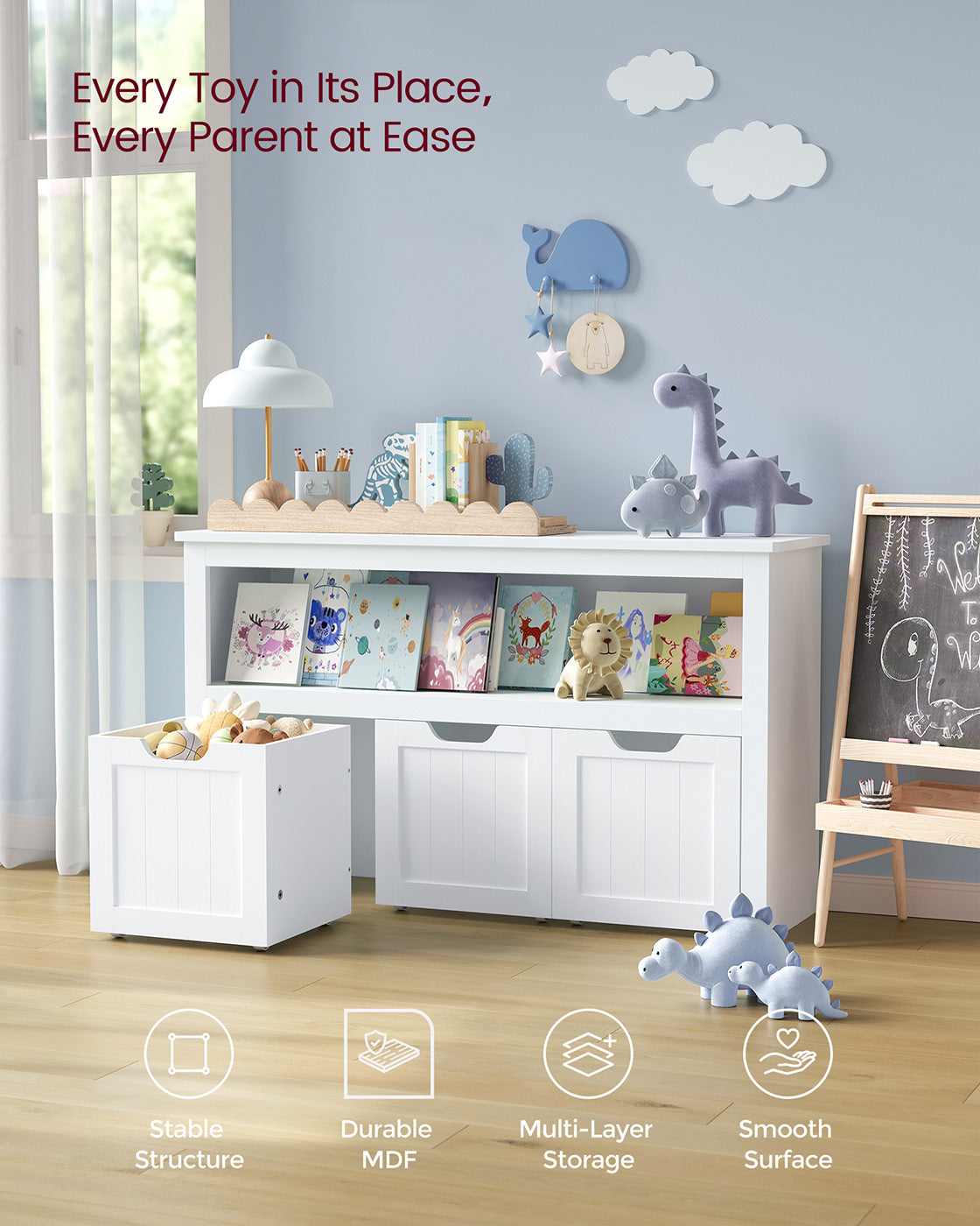 Toy Storage for Kids with Wheels 30 x 102 x 60 cm White - image 3