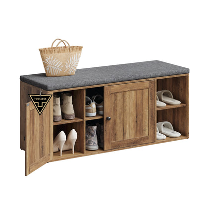 Storage Bench, Superfast Toolless Assembly, 41" Wide Entryway Shoe Bench with Cushion & Adjustable Shelves, Shoe Rack Cabinet, Snow White and Slate Gray - Honey Brown + Slate Gray / 14"D x 40.2"W x 17.3"H with 2 Doors