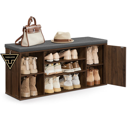 Storage Bench, Superfast Toolless Assembly, 41" Wide Entryway Shoe Bench with Cushion & Adjustable Shelves, Shoe Rack Cabinet, Snow White and Slate Gray - Natural Walnut + Slate Gray / 12"D x 40.9"W x 18.9"H with 1 Door