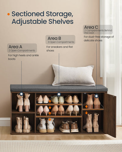 Storage Bench, Superfast Toolless Assembly, 41" Wide Entryway Shoe Bench with Cushion & Adjustable Shelves, Shoe Rack Cabinet, Snow White and Slate Gray
