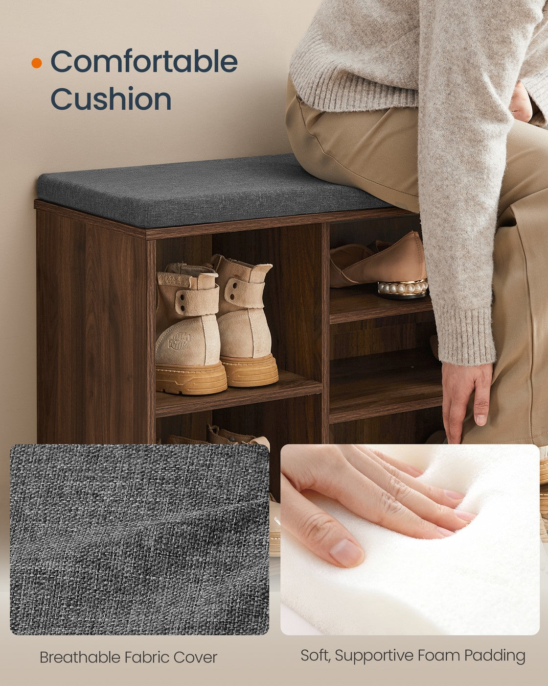 Storage Bench, Superfast Toolless Assembly, 41" Wide Entryway Shoe Bench with Cushion & Adjustable Shelves, Shoe Rack Cabinet, Snow White and Slate Gray