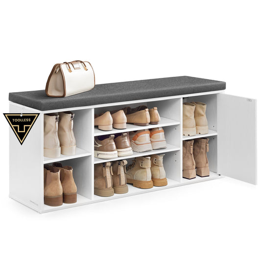 Storage Bench, Superfast Toolless Assembly, 41" Wide Entryway Shoe Bench with Cushion & Adjustable Shelves, Shoe Rack Cabinet, Snow White and Slate Gray