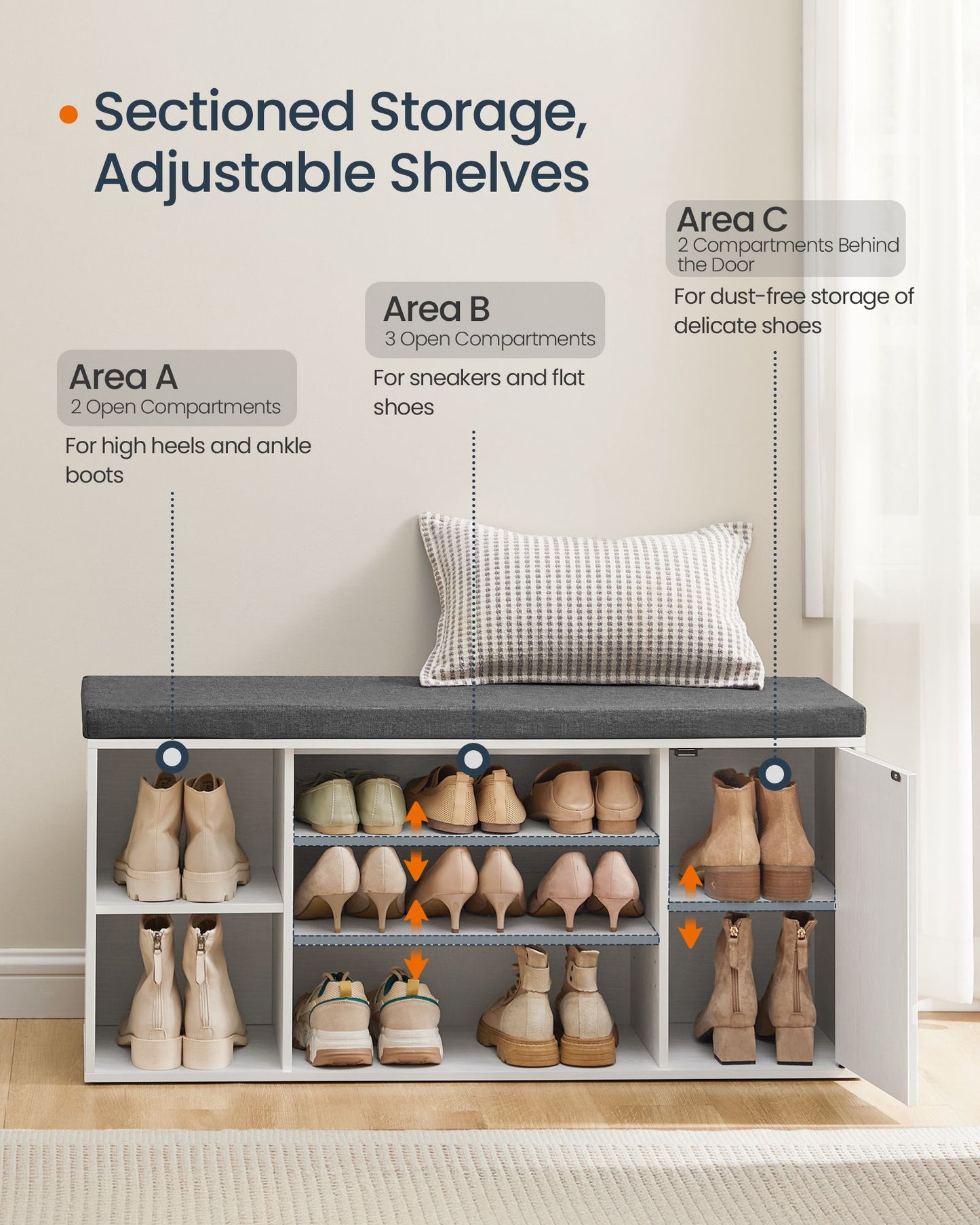 Storage Bench, Superfast Toolless Assembly, 41" Wide Entryway Shoe Bench with Cushion & Adjustable Shelves, Shoe Rack Cabinet, Snow White and Slate Gray