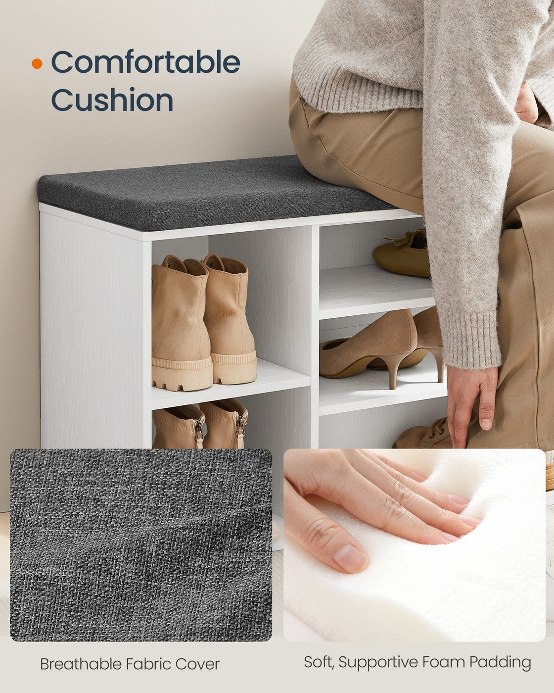 Storage Bench, Superfast Toolless Assembly, 41" Wide Entryway Shoe Bench with Cushion & Adjustable Shelves, Shoe Rack Cabinet, Snow White and Slate Gray