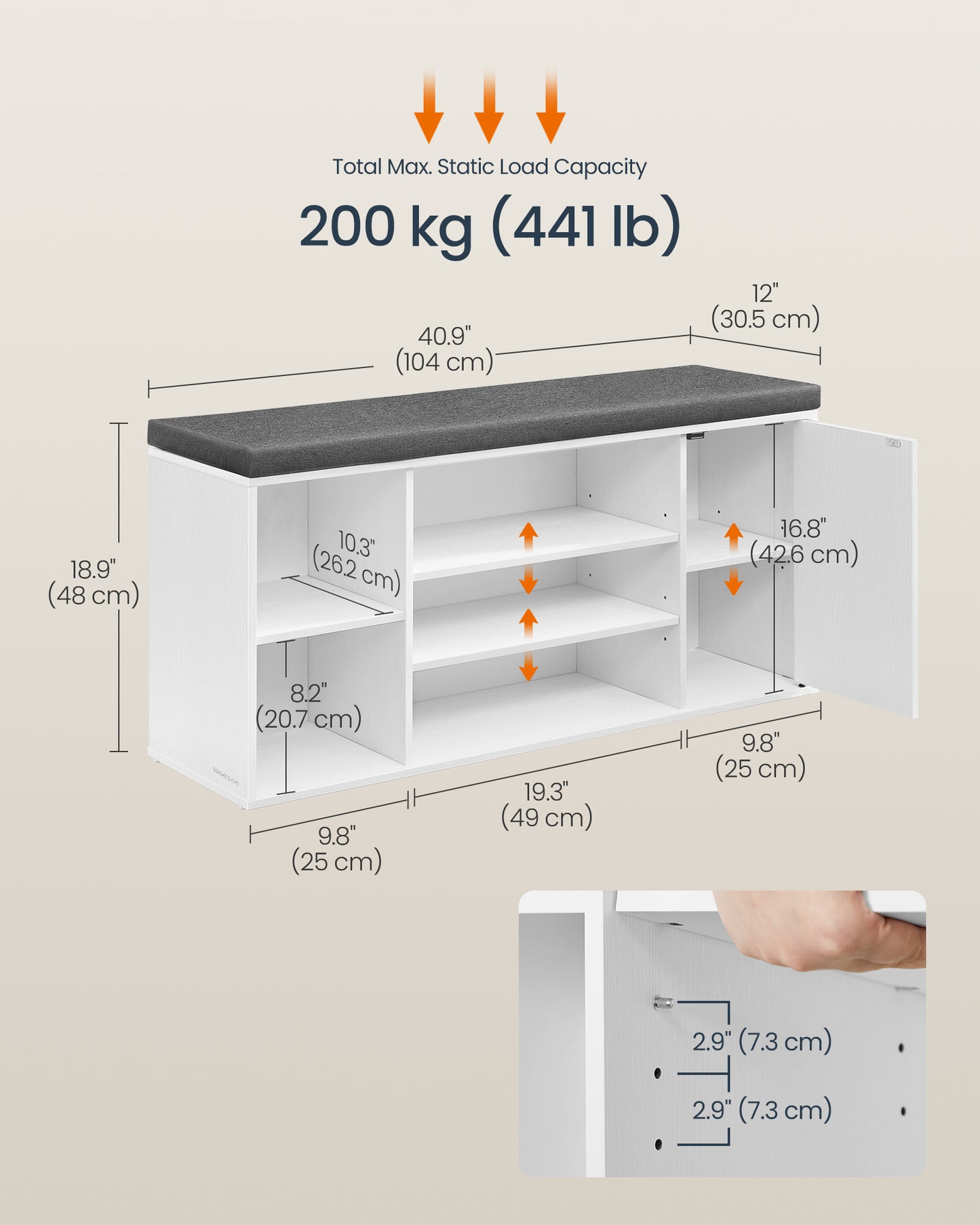 Storage Bench, Superfast Toolless Assembly, 41" Wide Entryway Shoe Bench with Cushion & Adjustable Shelves, Shoe Rack Cabinet, Snow White and Slate Gray