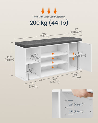 Storage Bench, Superfast Toolless Assembly, 41" Wide Entryway Shoe Bench with Cushion & Adjustable Shelves, Shoe Rack Cabinet, Snow White and Slate Gray