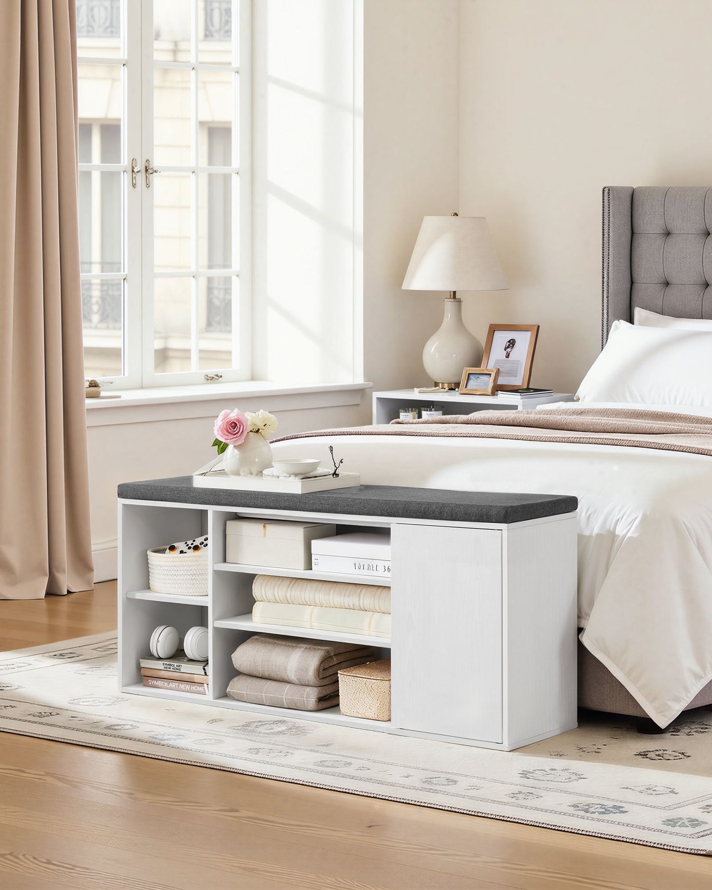 Storage Bench, Superfast Toolless Assembly, 41" Wide Entryway Shoe Bench with Cushion & Adjustable Shelves, Shoe Rack Cabinet, Snow White and Slate Gray