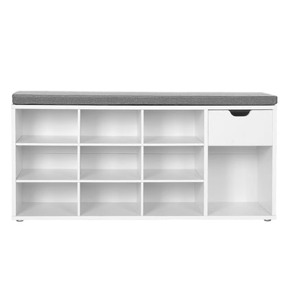 Entryway Storage Bench with Cushion, Drawer and Open Compartments, White and Gray