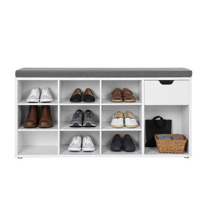 Entryway Storage Bench with Cushion, Drawer and Open Compartments, White and Gray