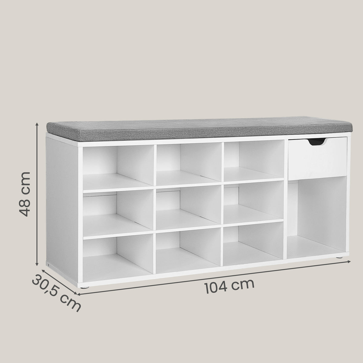 Entryway Storage Bench with Cushion, Drawer and Open Compartments, White and Gray