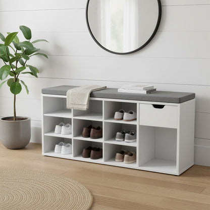 Entryway Storage Bench with Cushion, Drawer and Open Compartments, White and Gray