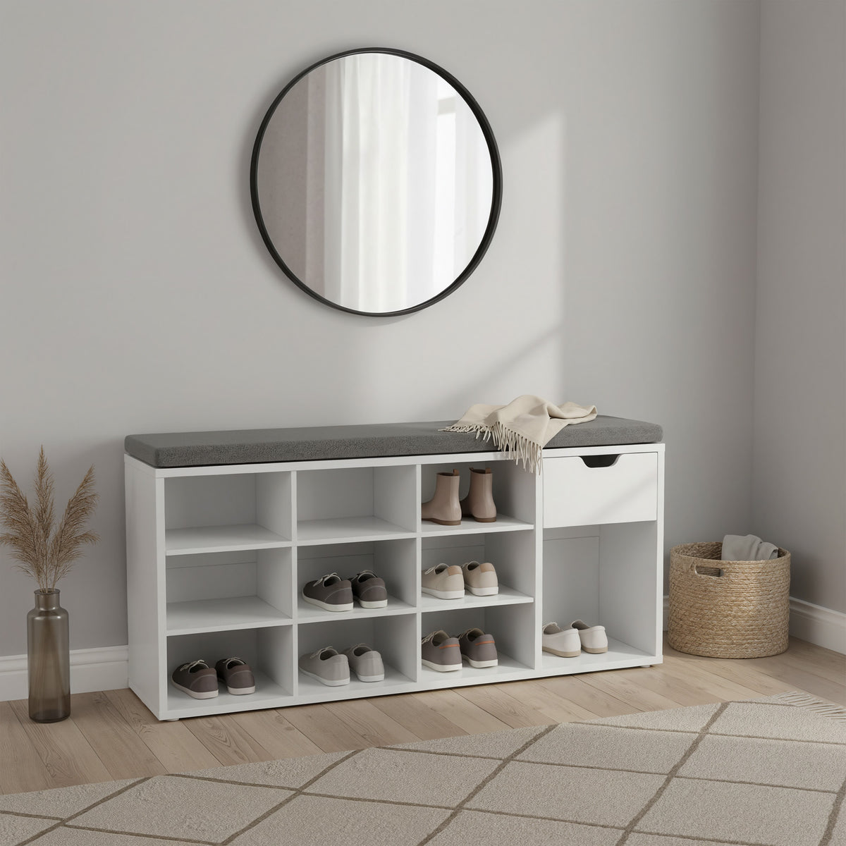 Entryway Storage Bench with Cushion, Drawer and Open Compartments, White and Gray