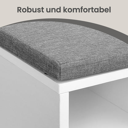 Entryway Storage Bench with Cushion, Drawer and Open Compartments, White and Gray