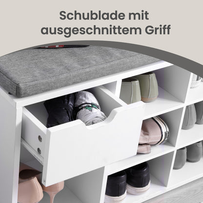 Entryway Storage Bench with Cushion, Drawer and Open Compartments, White and Gray