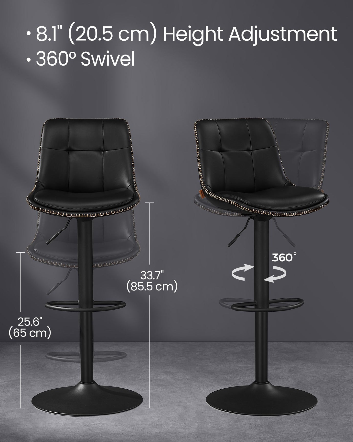 Bar Stools, Set of 2 Swivel Bar Chairs, Adjustable Height, Caramel Brown