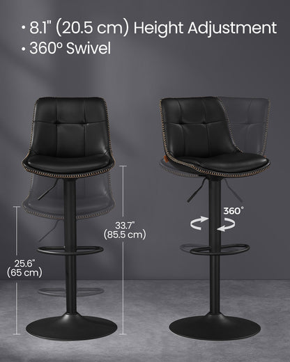 Bar Stools, Set of 2 Swivel Bar Chairs, Adjustable Height, Caramel Brown