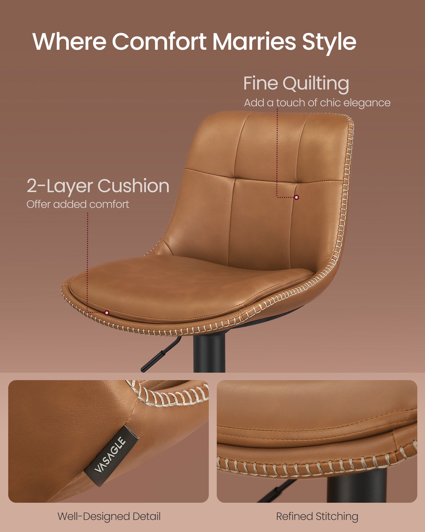 Bar Stools, Set of 2 Swivel Bar Chairs, Adjustable Height, Caramel Brown