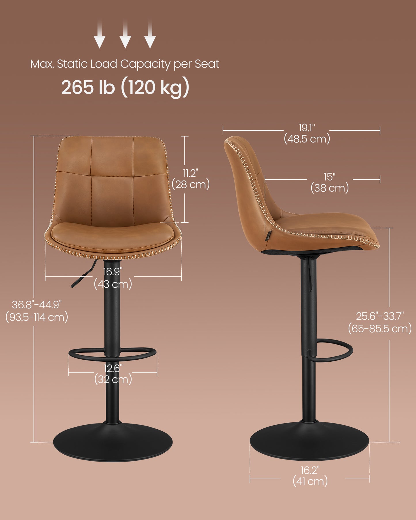Bar Stools, Set of 2 Swivel Bar Chairs, Adjustable Height, Caramel Brown