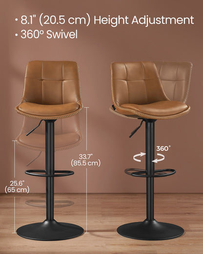 Bar Stools, Set of 2 Swivel Bar Chairs, Adjustable Height, Caramel Brown