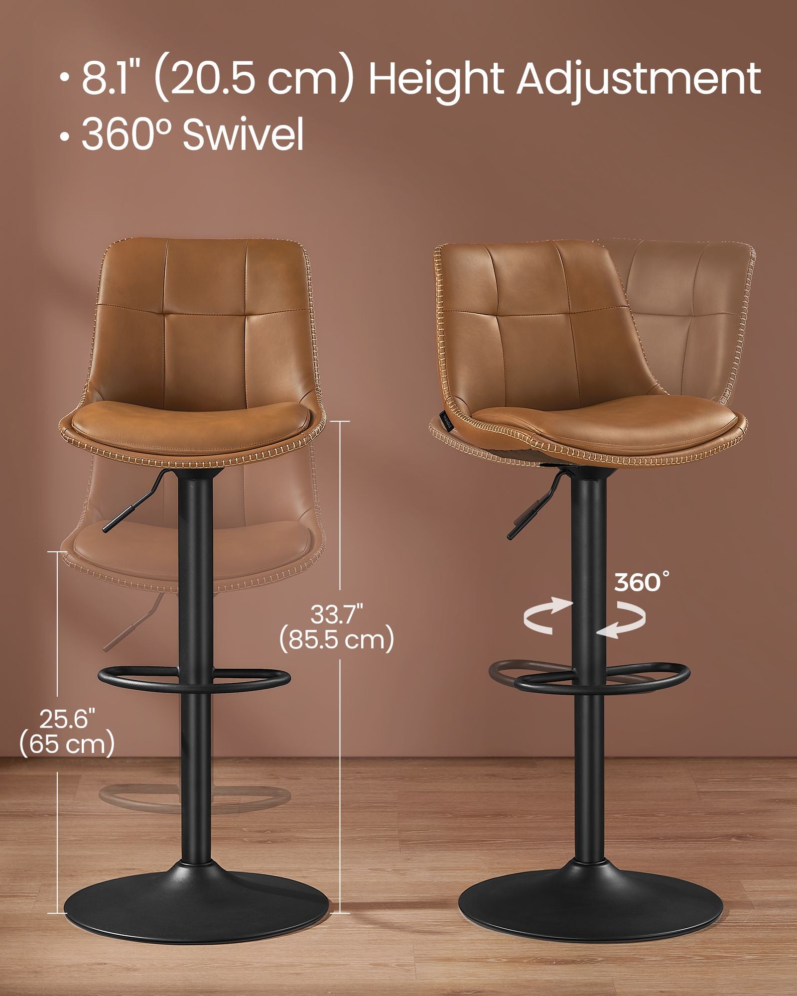 Bar Stools, Set of 4 Swivel Bar Chairs, Adjustable Height, Caramel Brown - HWLEXTRA 