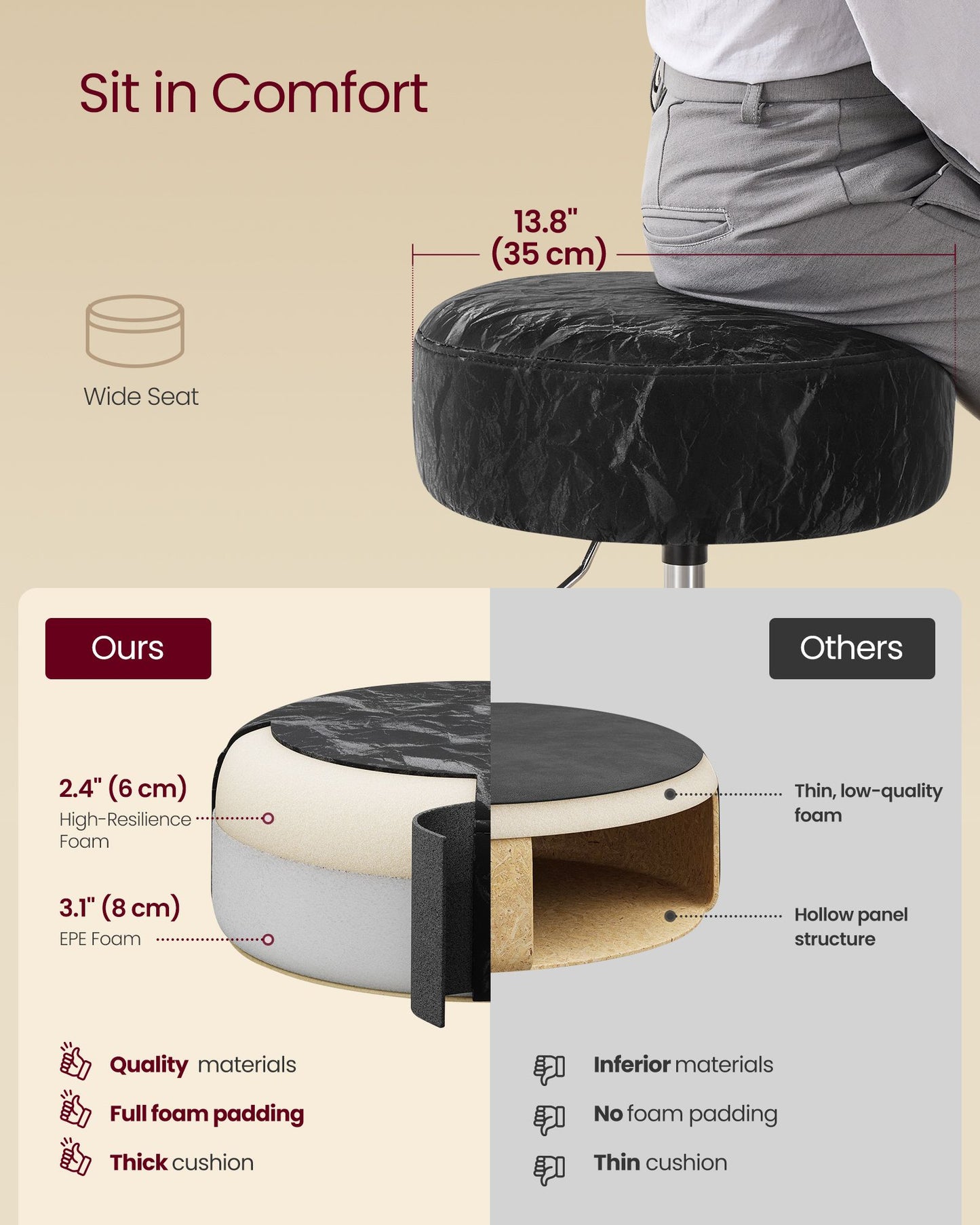 Adjustable Vanity Stool, Makeup Vanity Chair, Cream White