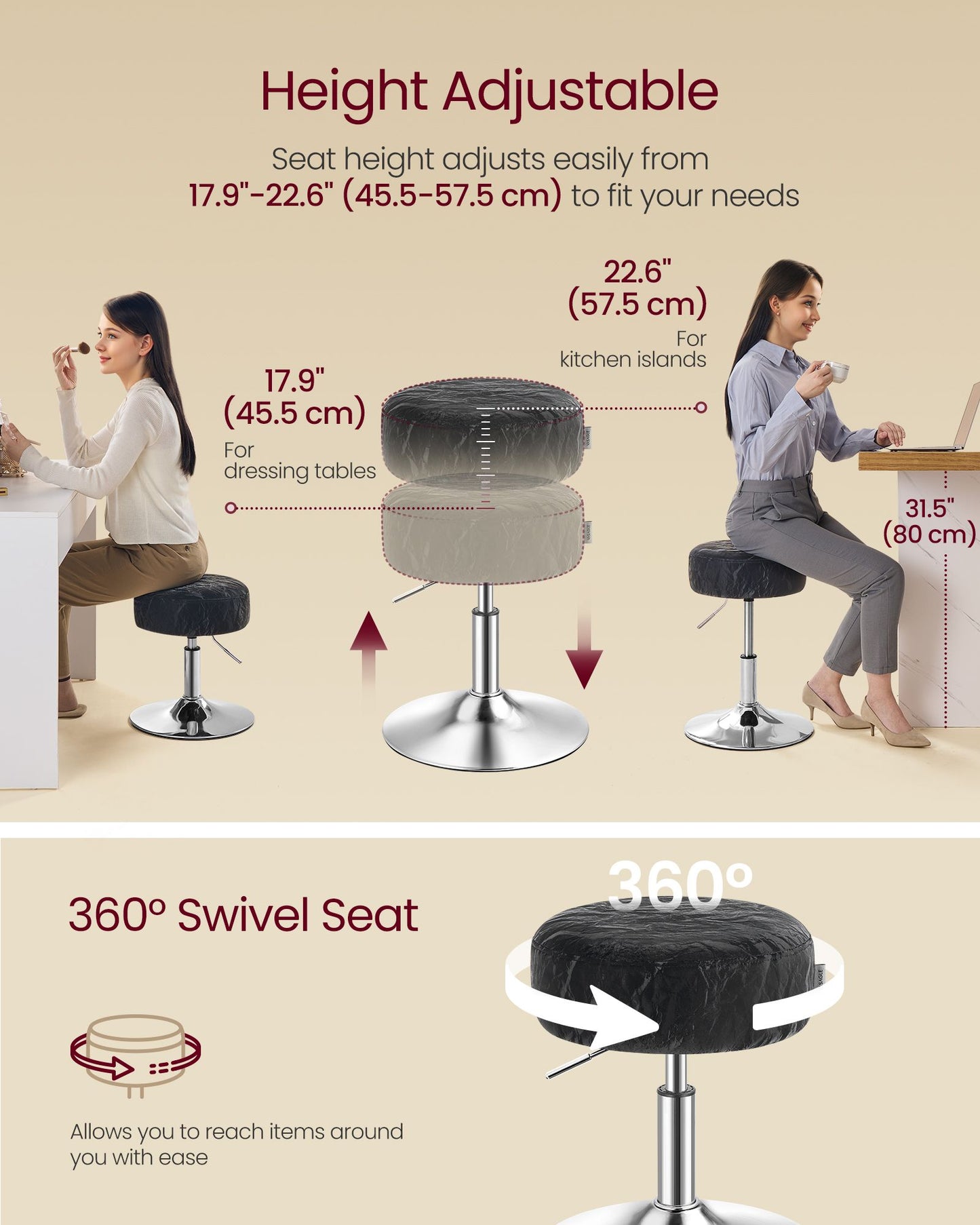 Adjustable Vanity Stool, Makeup Vanity Chair, Cream White
