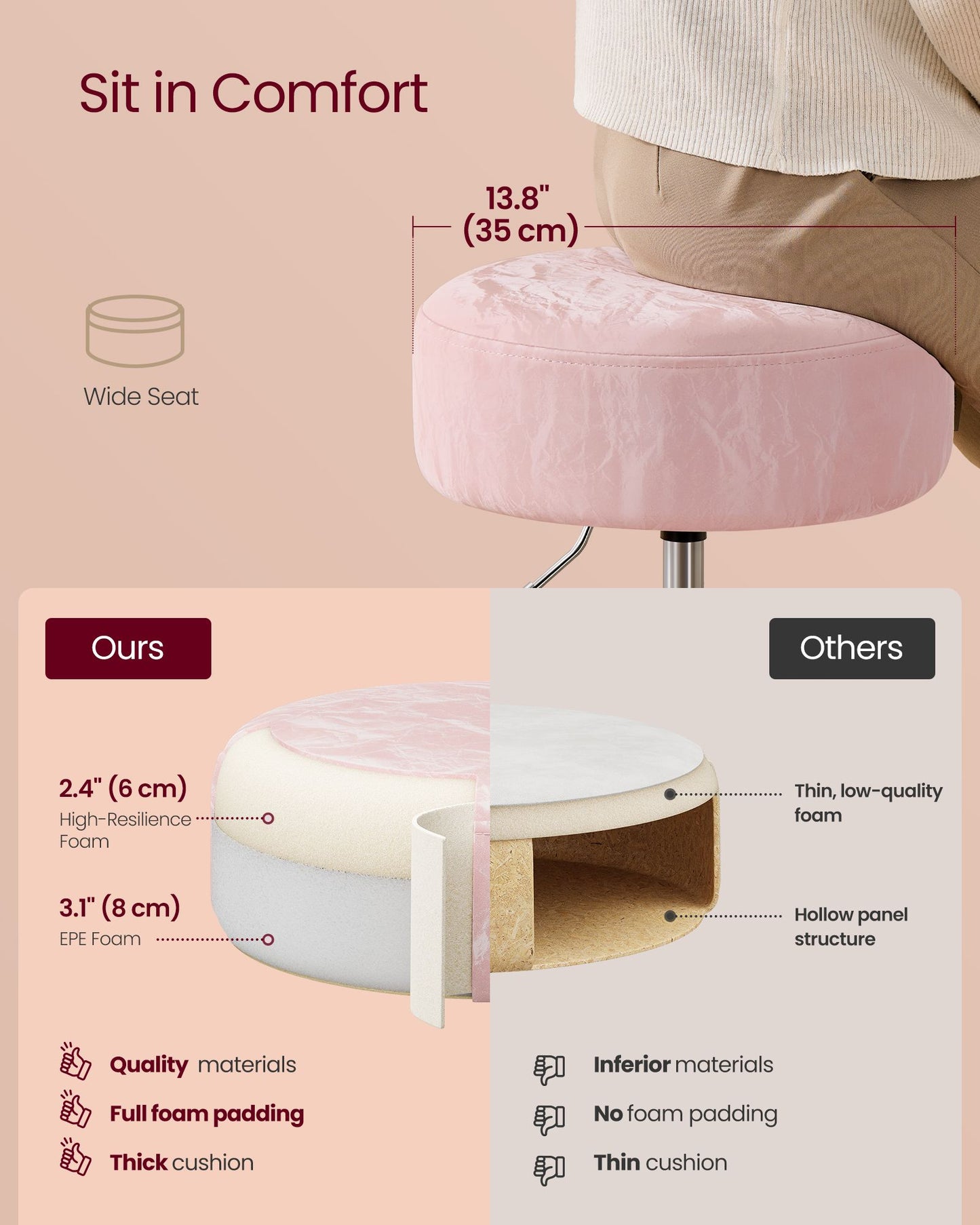 Adjustable Vanity Stool, Makeup Vanity Chair, Cream White