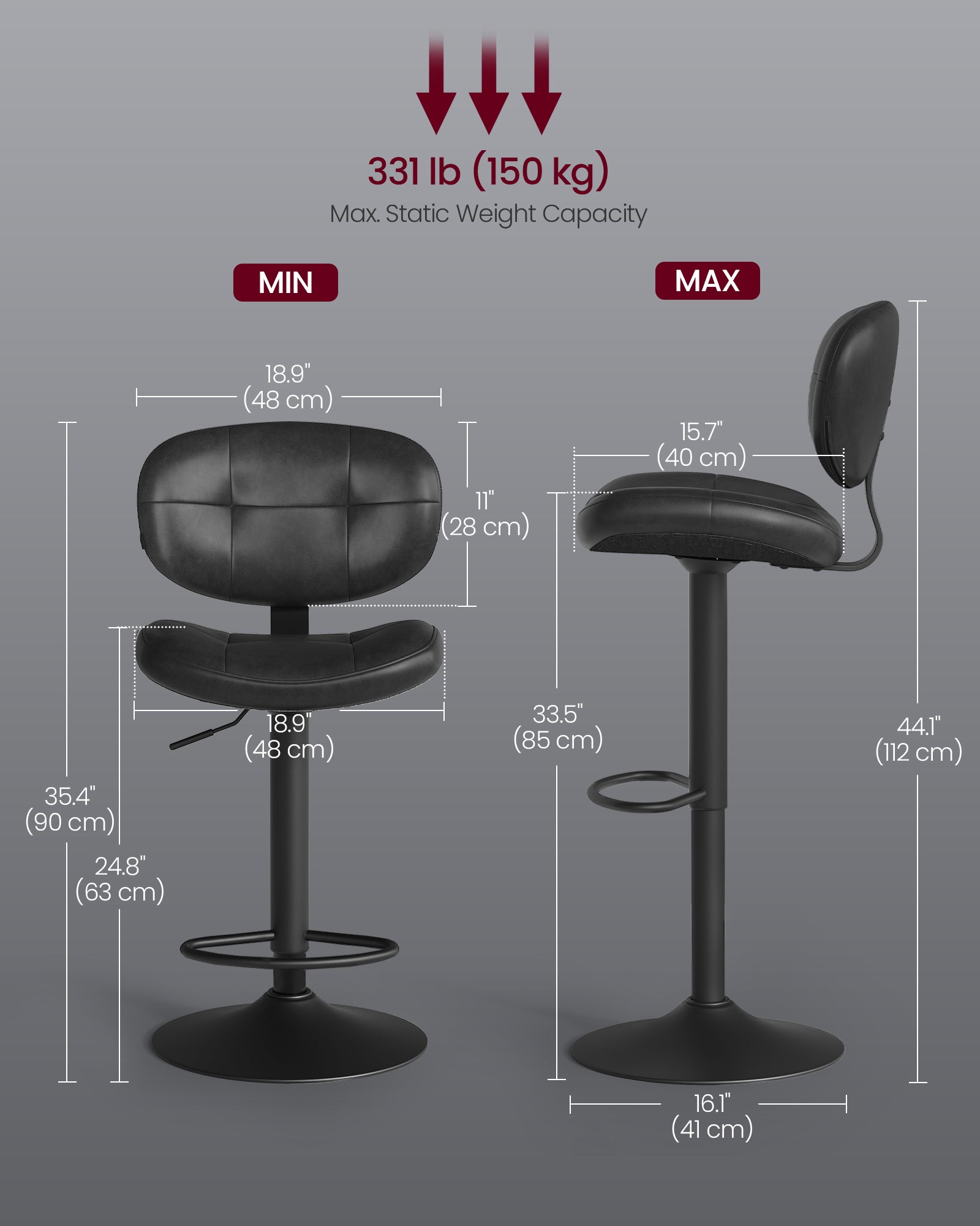 Bar Stools, Height Adjustable Kitchen Barstools, Set of 4, Ink Black - image 2