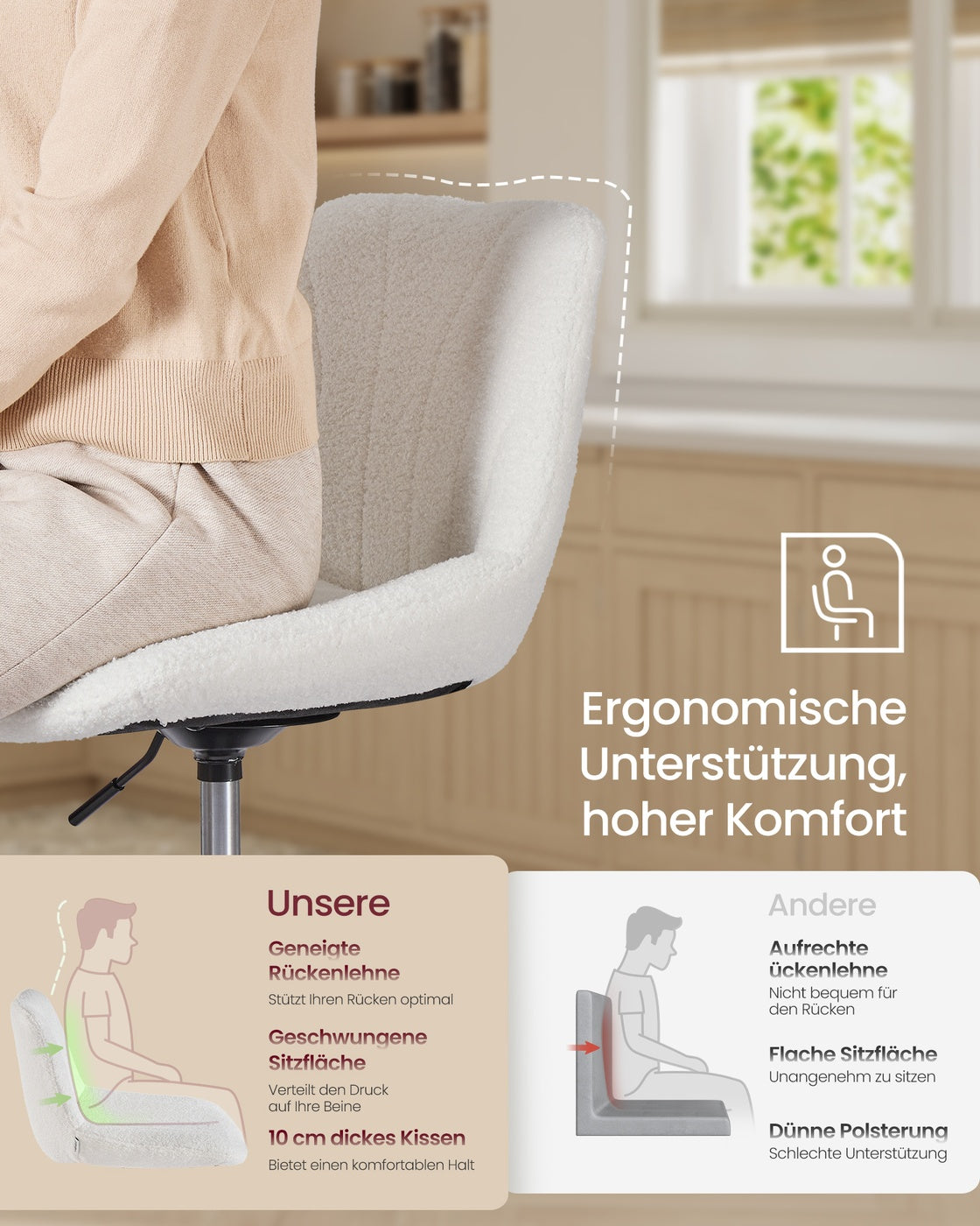 Dressing Table Chair Height Adjustable Bar Stool with Back Cloud White