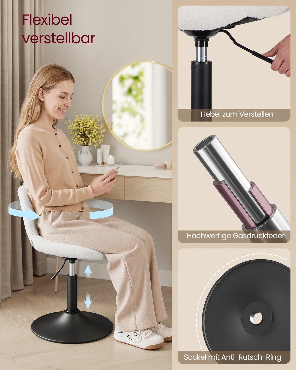 Dressing Table Chair Height Adjustable Bar Stool with Back Cloud White