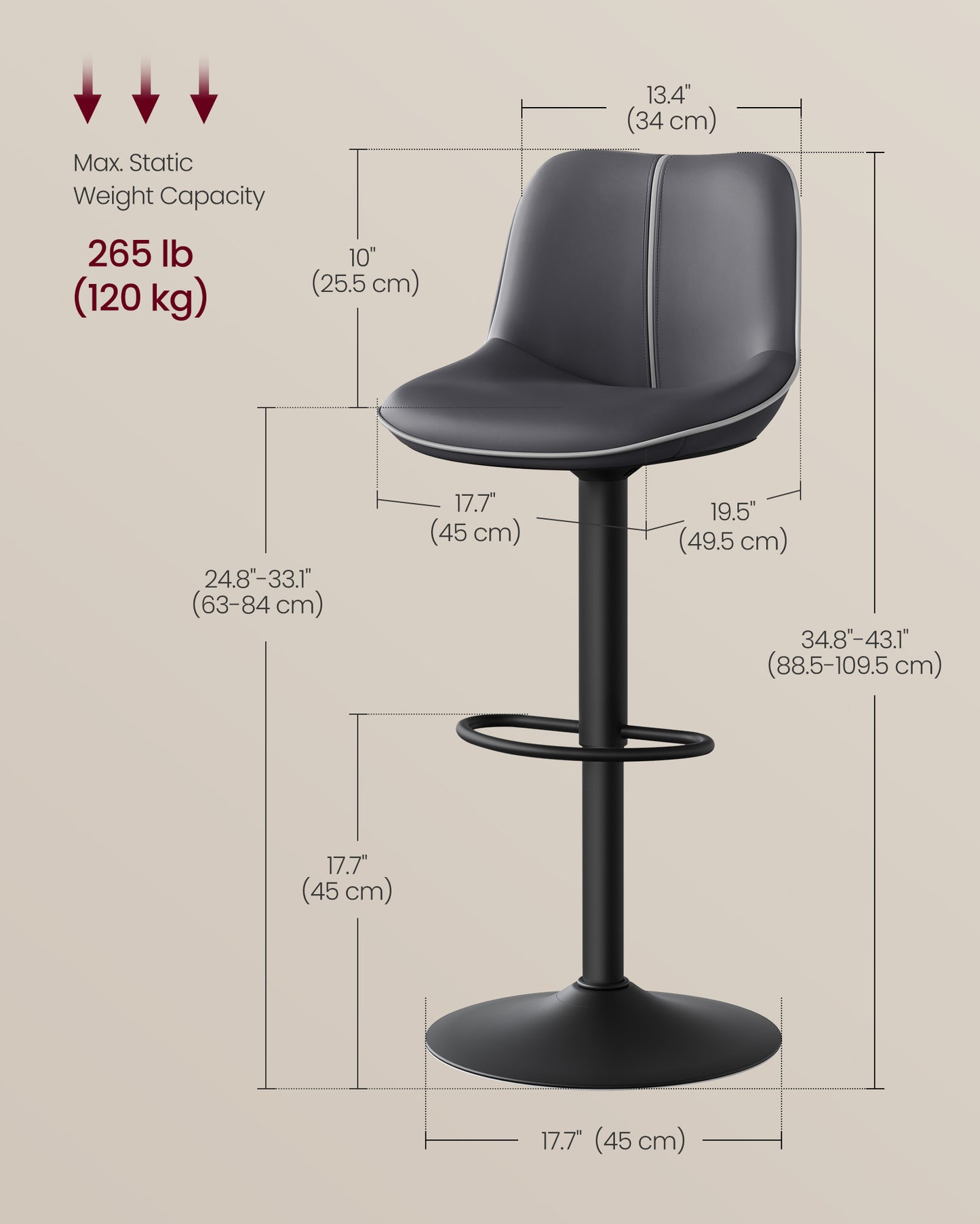 Bar Stools Set of 4, Adjustable Height Swivel Barstools, Caramel Brown