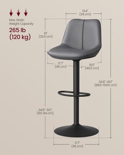 Bar Stools Set of 2, Adjustable Height Swivel Barstools, Ink Black