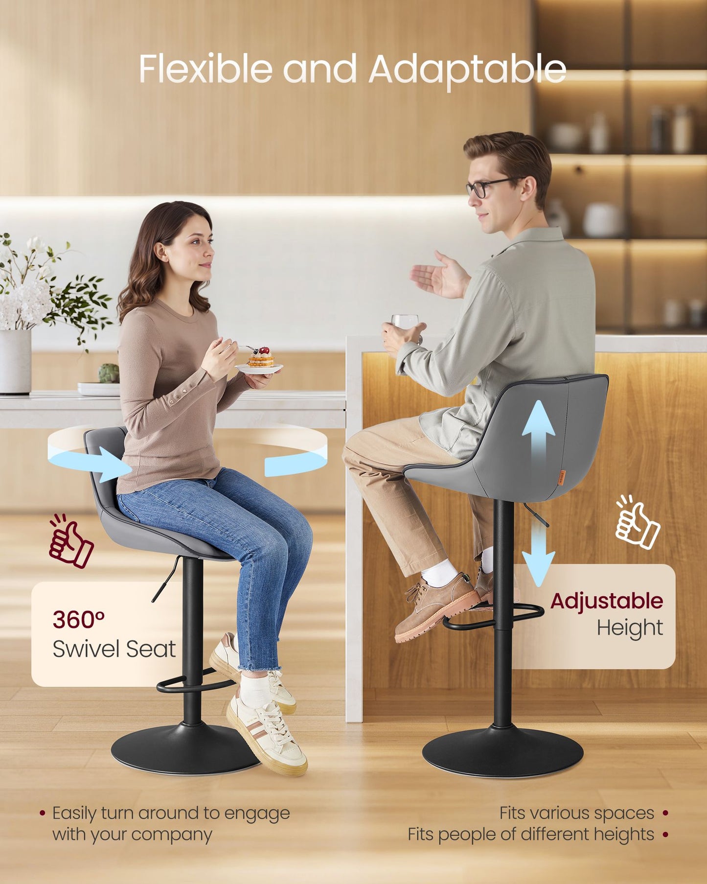 Bar Stools Set of 4, Adjustable Height Swivel Barstools, Caramel Brown