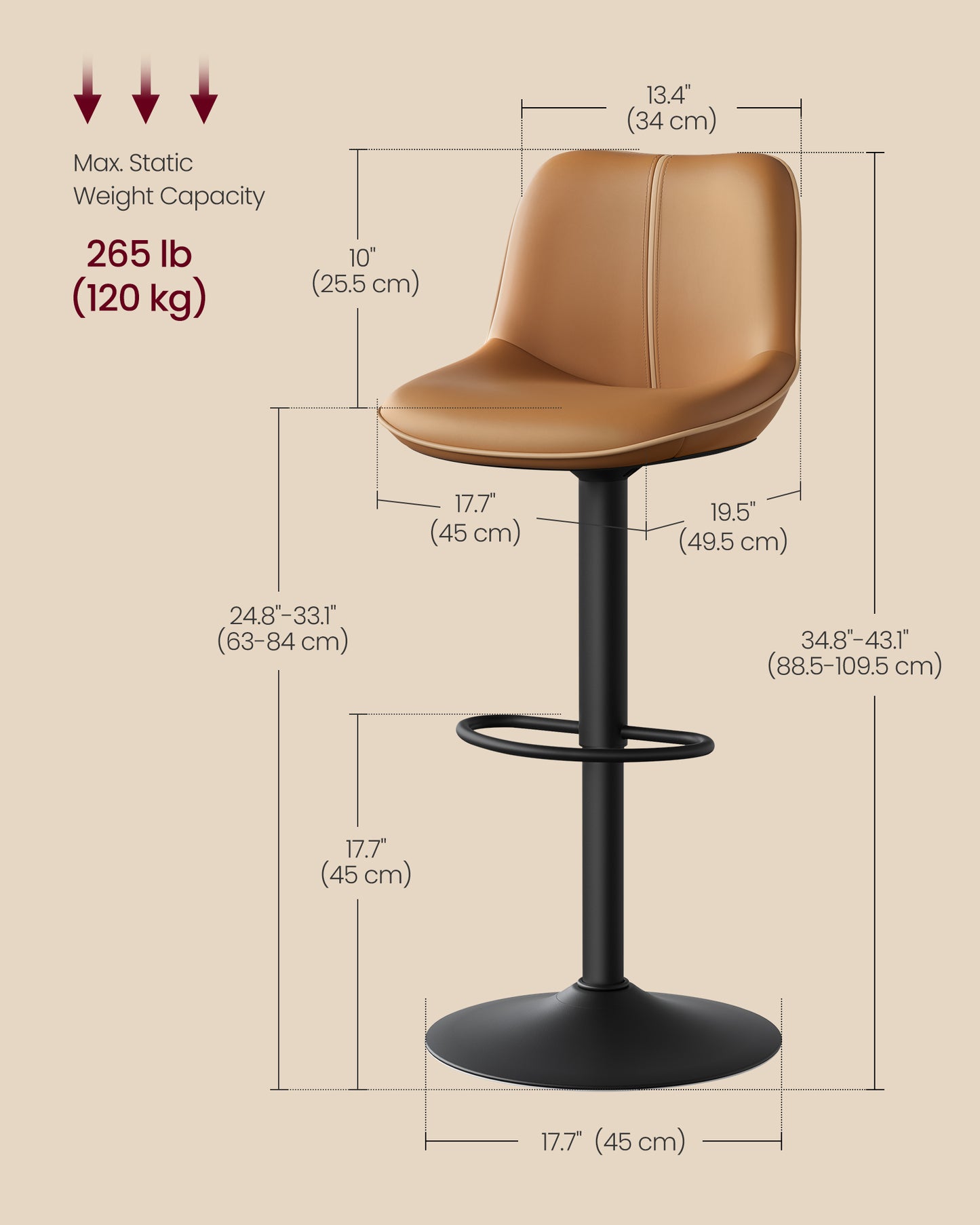 Bar Stools Set of 2, Adjustable Height Swivel Barstools, Ink Black