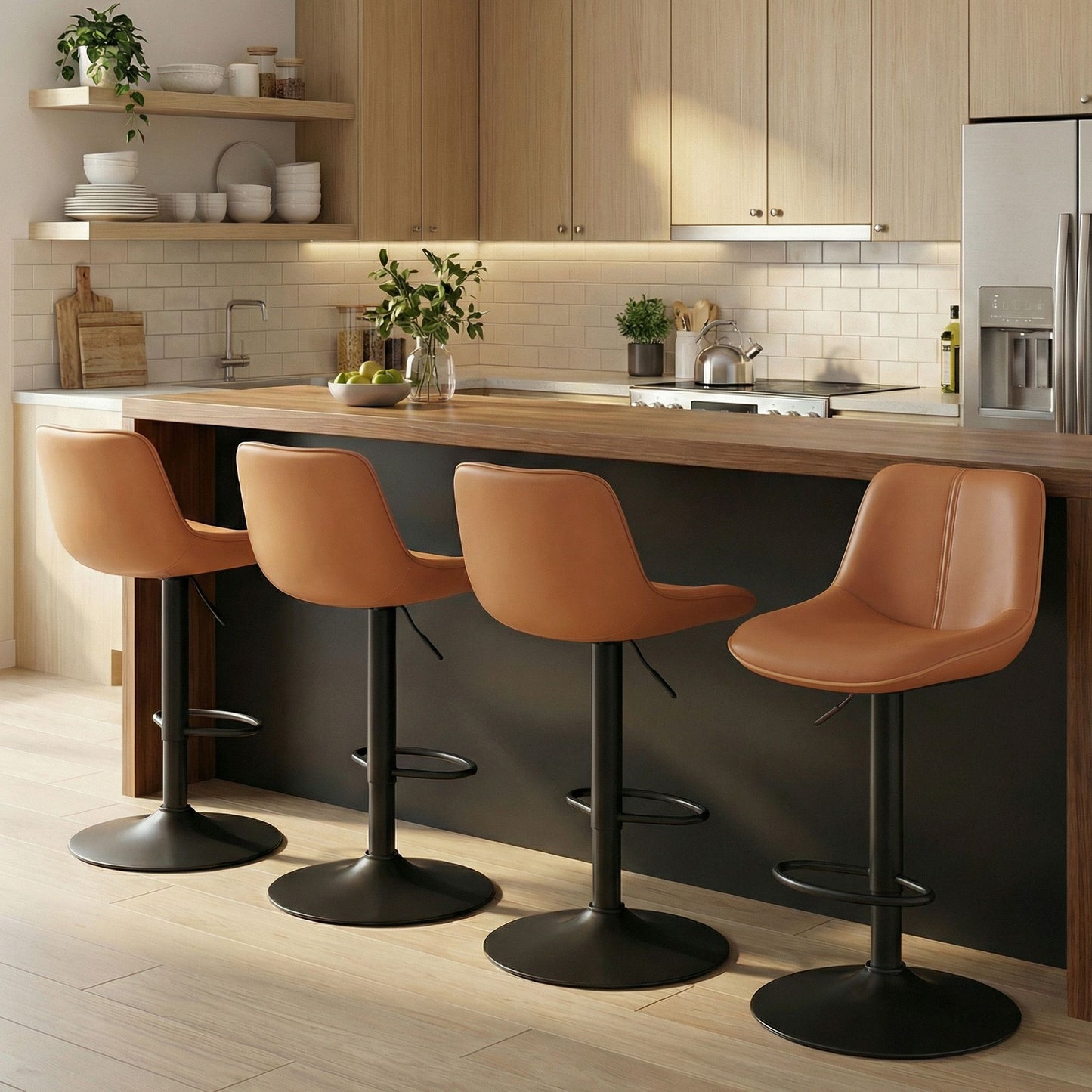 Bar Stools Set of 4, Adjustable Height Swivel Barstools, Caramel Brown
