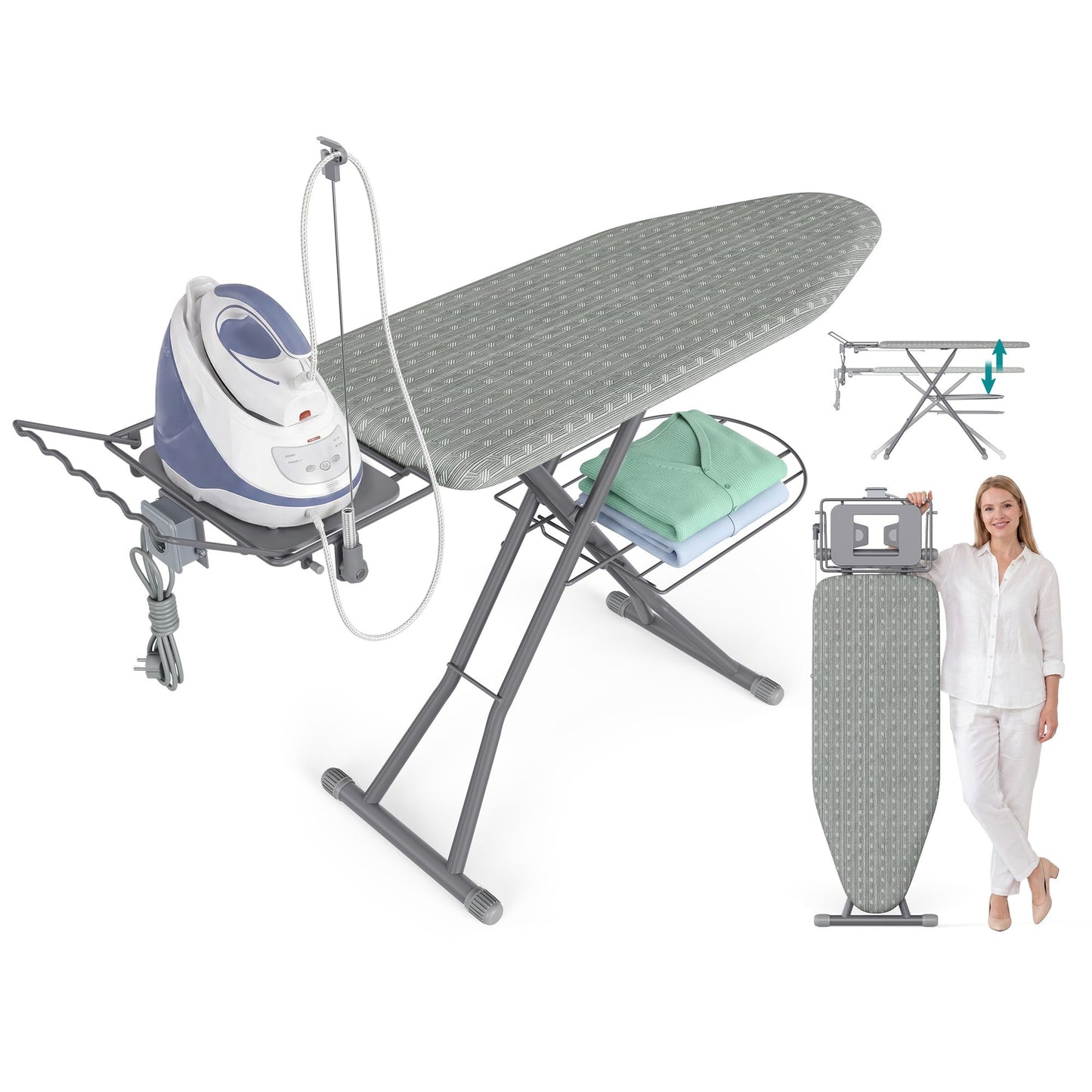 Dove Grey Adjustable Ironing Board with Socket and Shelf