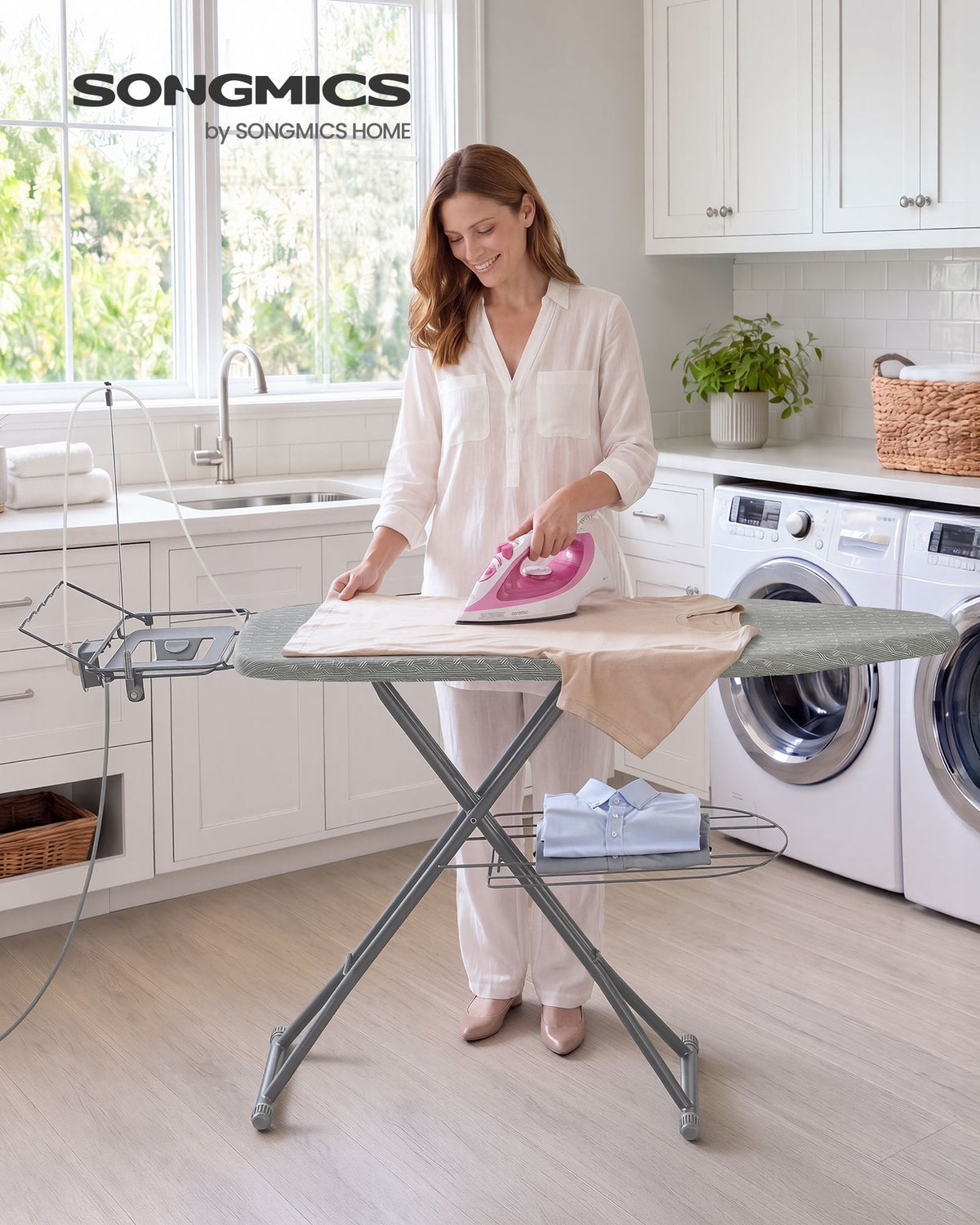 Dove Grey Adjustable Ironing Board with Socket and Shelf