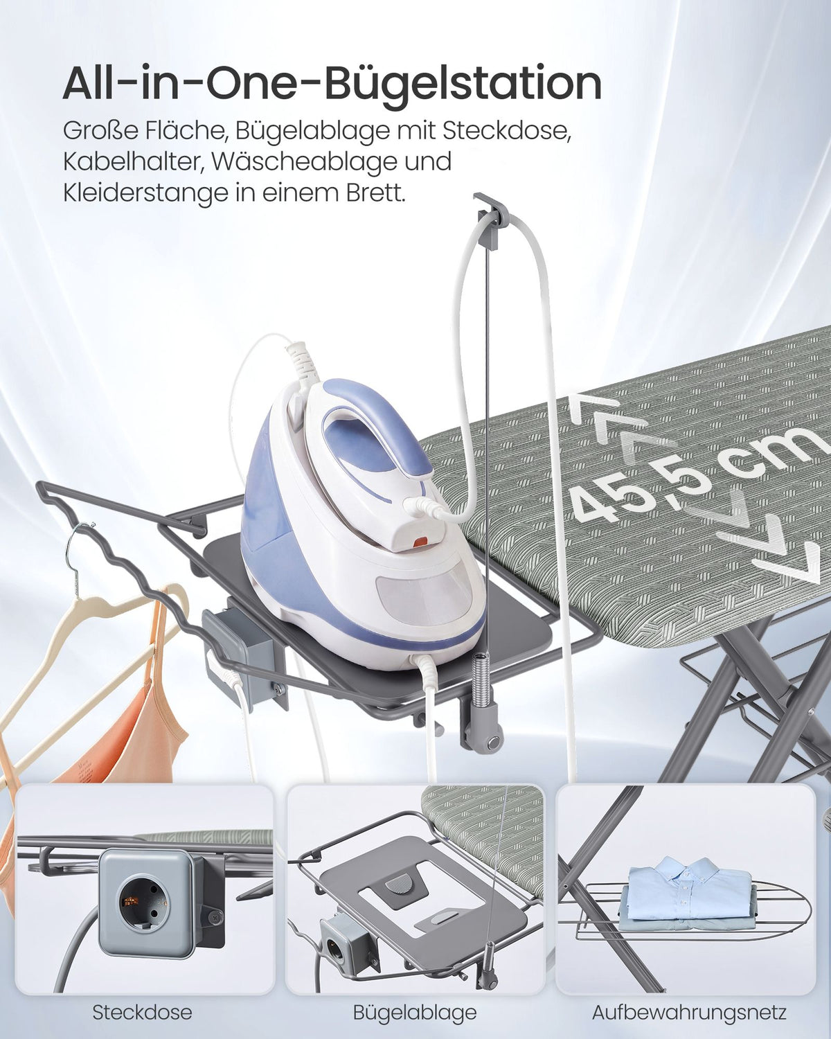 Dove Grey Adjustable Ironing Board with Socket and Shelf