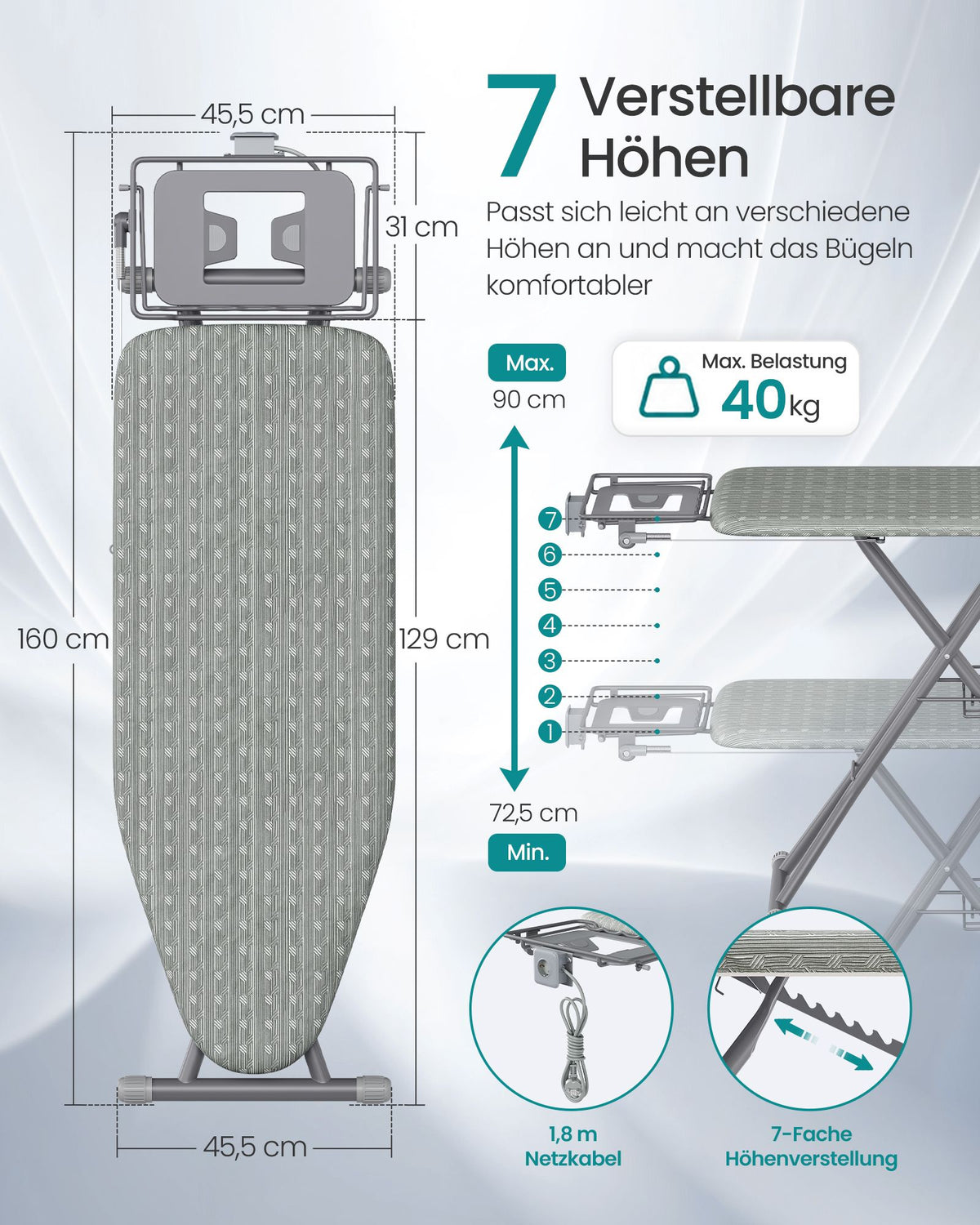 Dove Grey Adjustable Ironing Board with Socket and Shelf