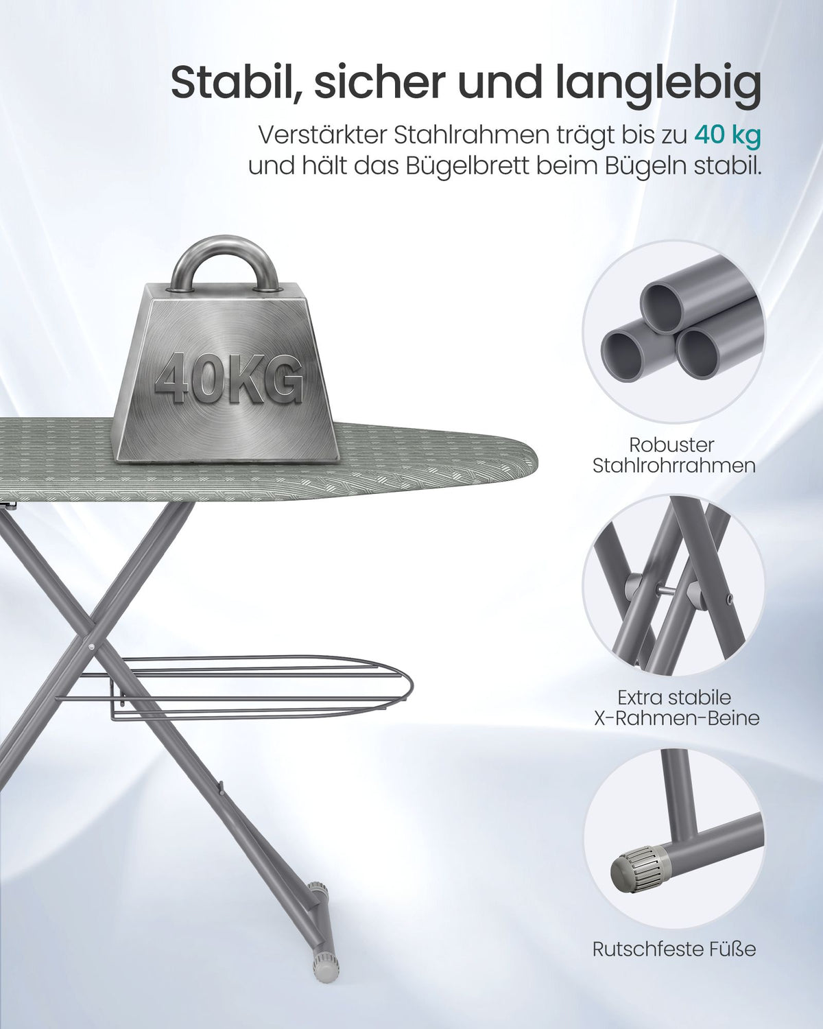 Dove Grey Adjustable Ironing Board with Socket and Shelf