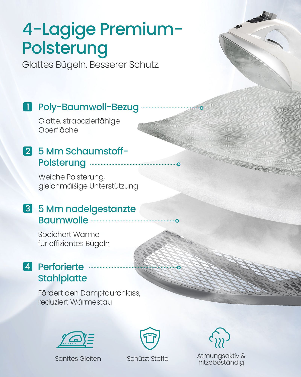 Dove Grey Adjustable Ironing Board with Socket and Shelf