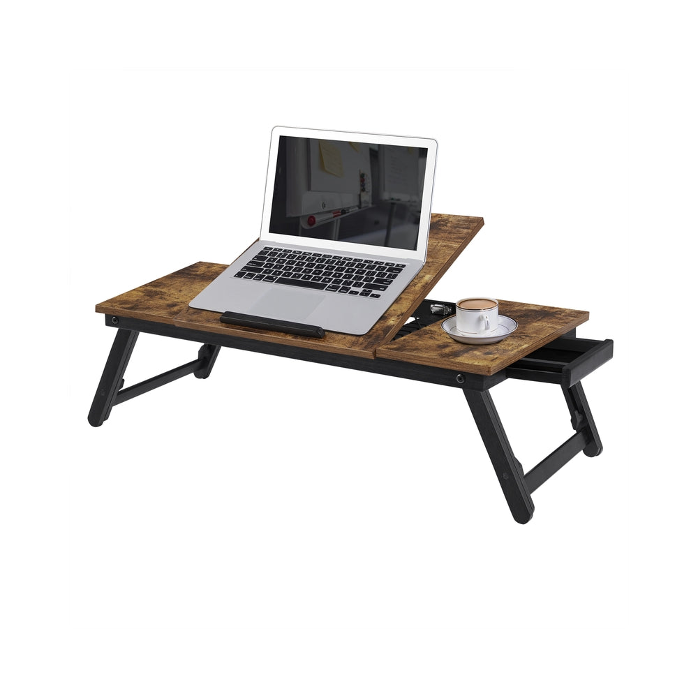 Laptop Desk, Bed Sofa Breakfast Tray, Adjustable Tilt Top, Right-Left Handed, Adjustable Folding Legs, Drawer, Rustic Dark Brown