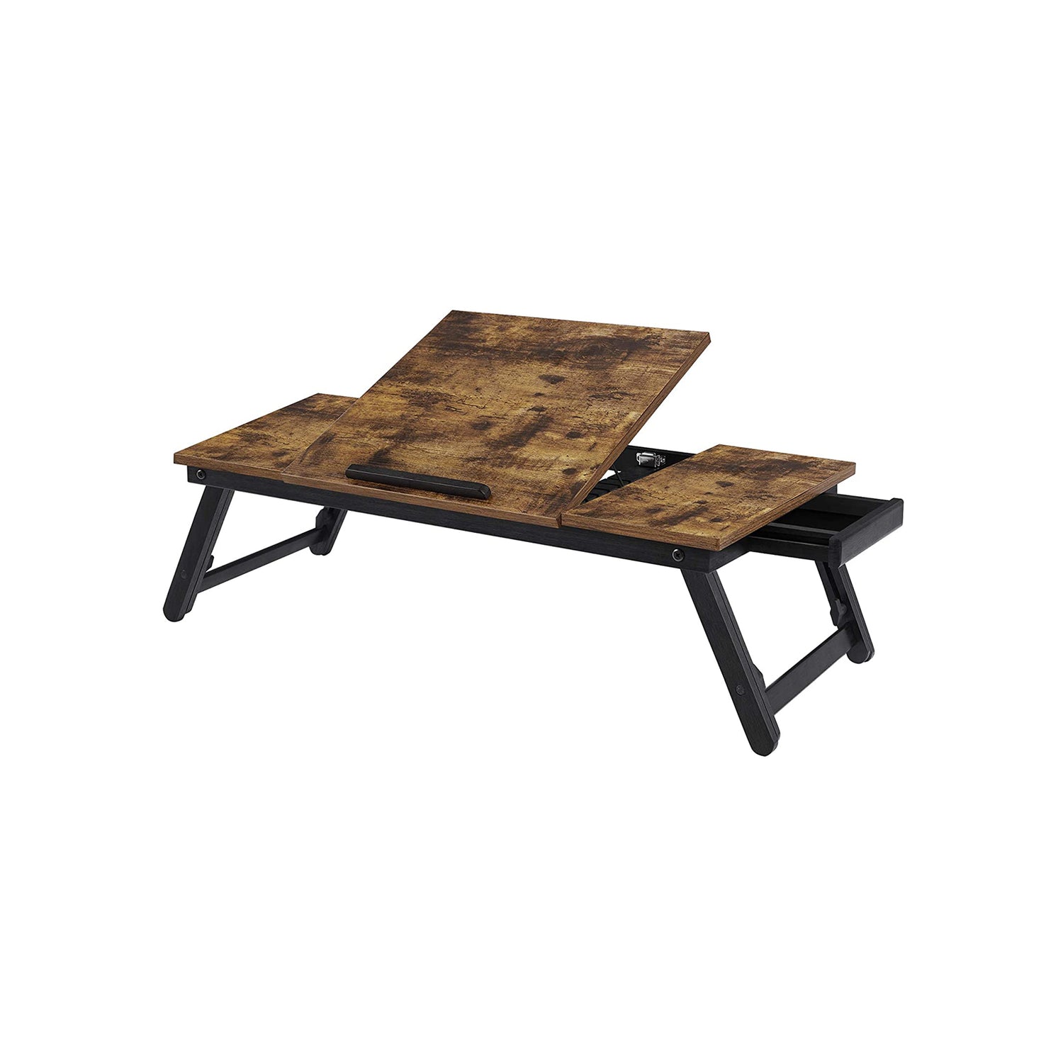 Laptop Desk, Bed Sofa Breakfast Tray, Adjustable Tilt Top, Right-Left Handed, Adjustable Folding Legs, Drawer, Rustic Dark Brown - HWLEXTRA 