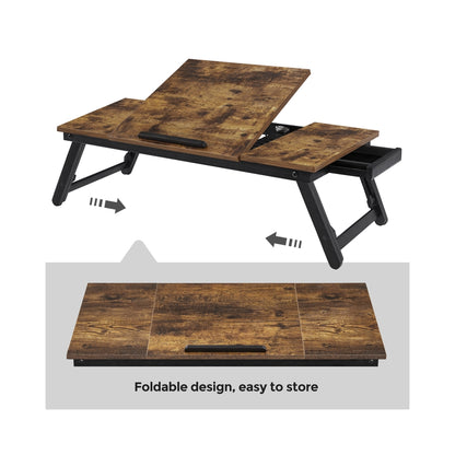 Laptop Desk, Bed Sofa Breakfast Tray, Adjustable Tilt Top, Right-Left Handed, Adjustable Folding Legs, Drawer, Rustic Dark Brown