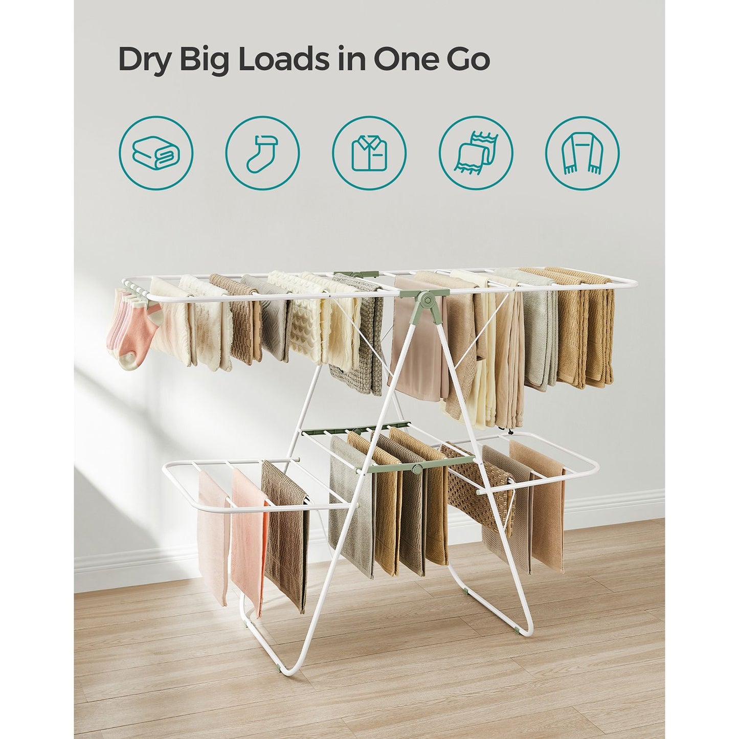 Foldable 2-Level Clothes Drying Rack with Height-Adjustable Wings