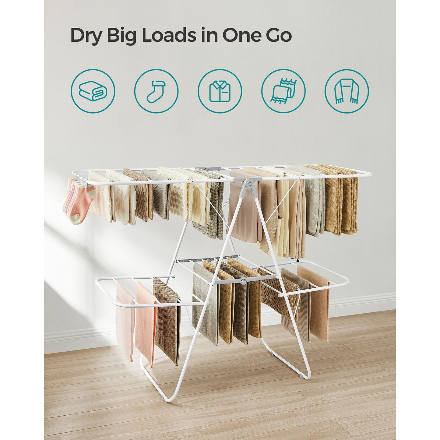 Foldable 2-Level Clothes Drying Rack with Height-Adjustable Wings