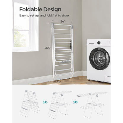 Foldable 2-Level Clothes Drying Rack with Height-Adjustable Wings