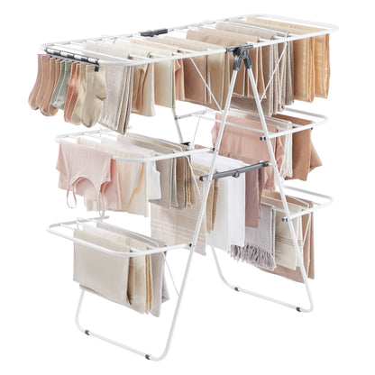 Clothes Drying Rack, Foldable 3-Level Laundry Rack, White and Gray