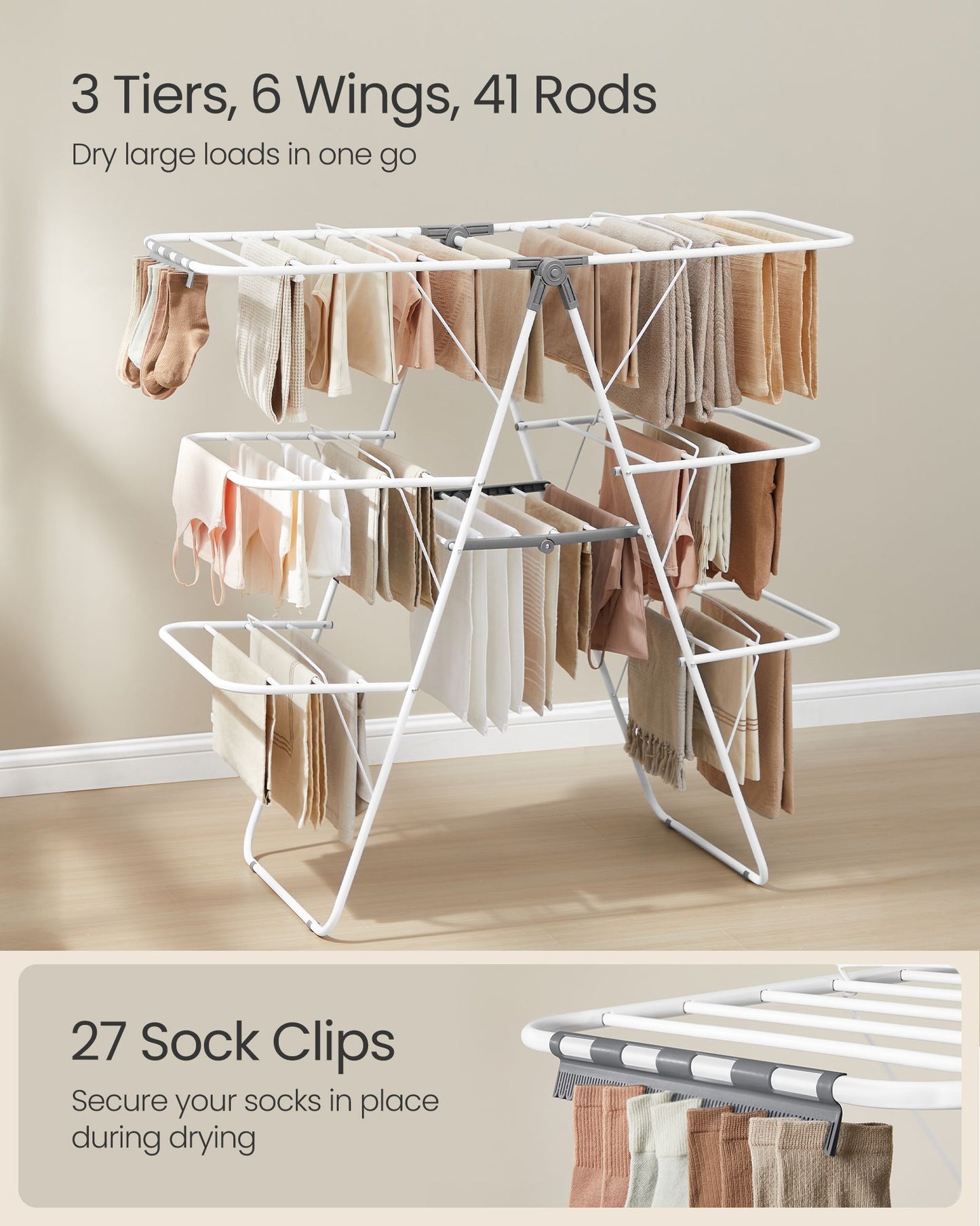 Clothes Drying Rack, Foldable 3-Level Laundry Rack, White and Gray