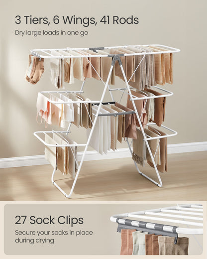 Clothes Drying Rack, Foldable 3-Level Laundry Rack, White and Gray